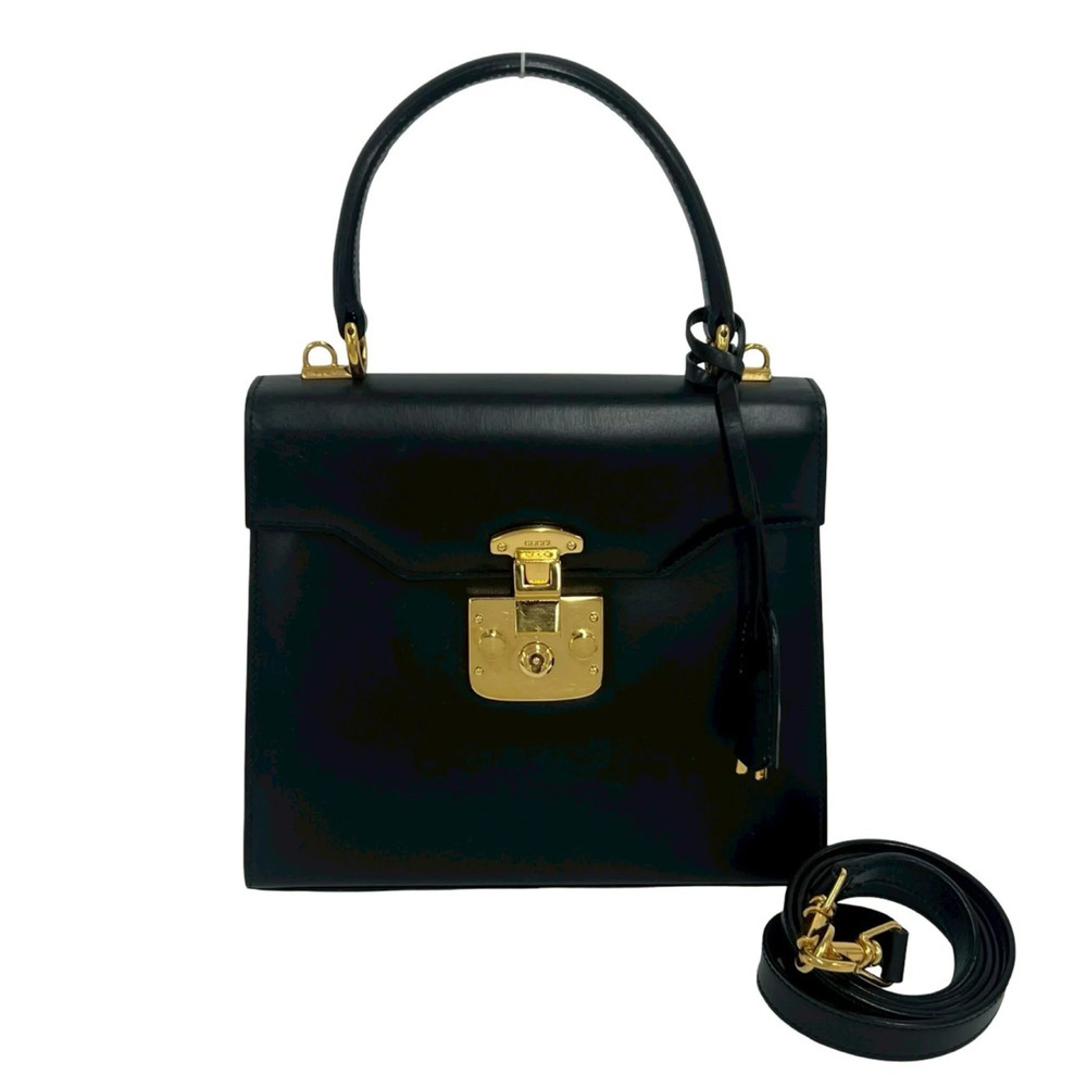 GUCCI Old Gucci Vintage Lady Lock Leather 2-way Handbag/Shoulder Bag Black 94132
